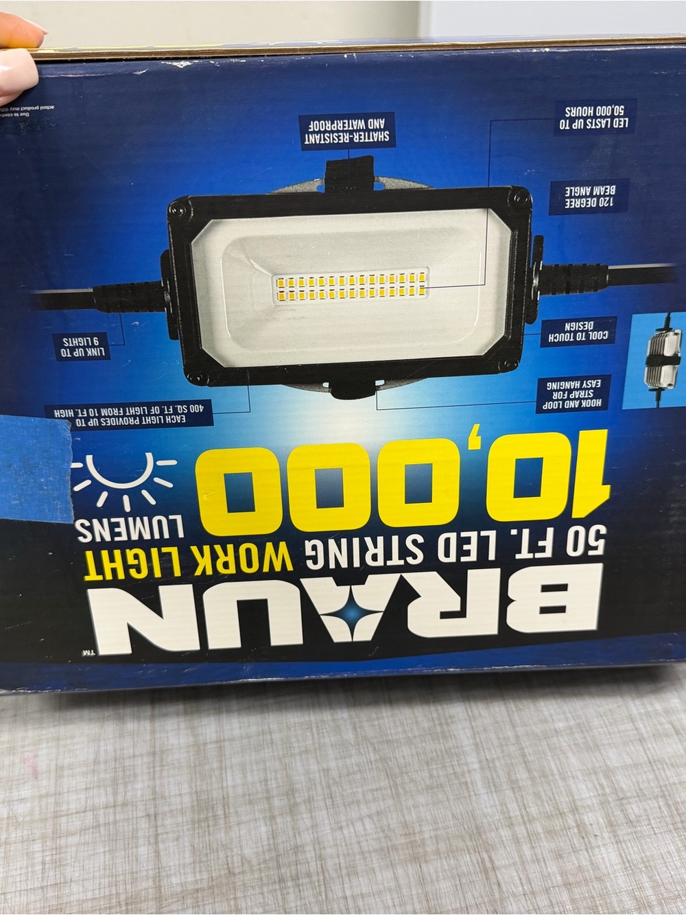 50 ft LED Work Light String in Black with 10,000 Lumens